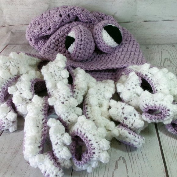 Crochet Octopus Hat Adult Size in Lavender and White